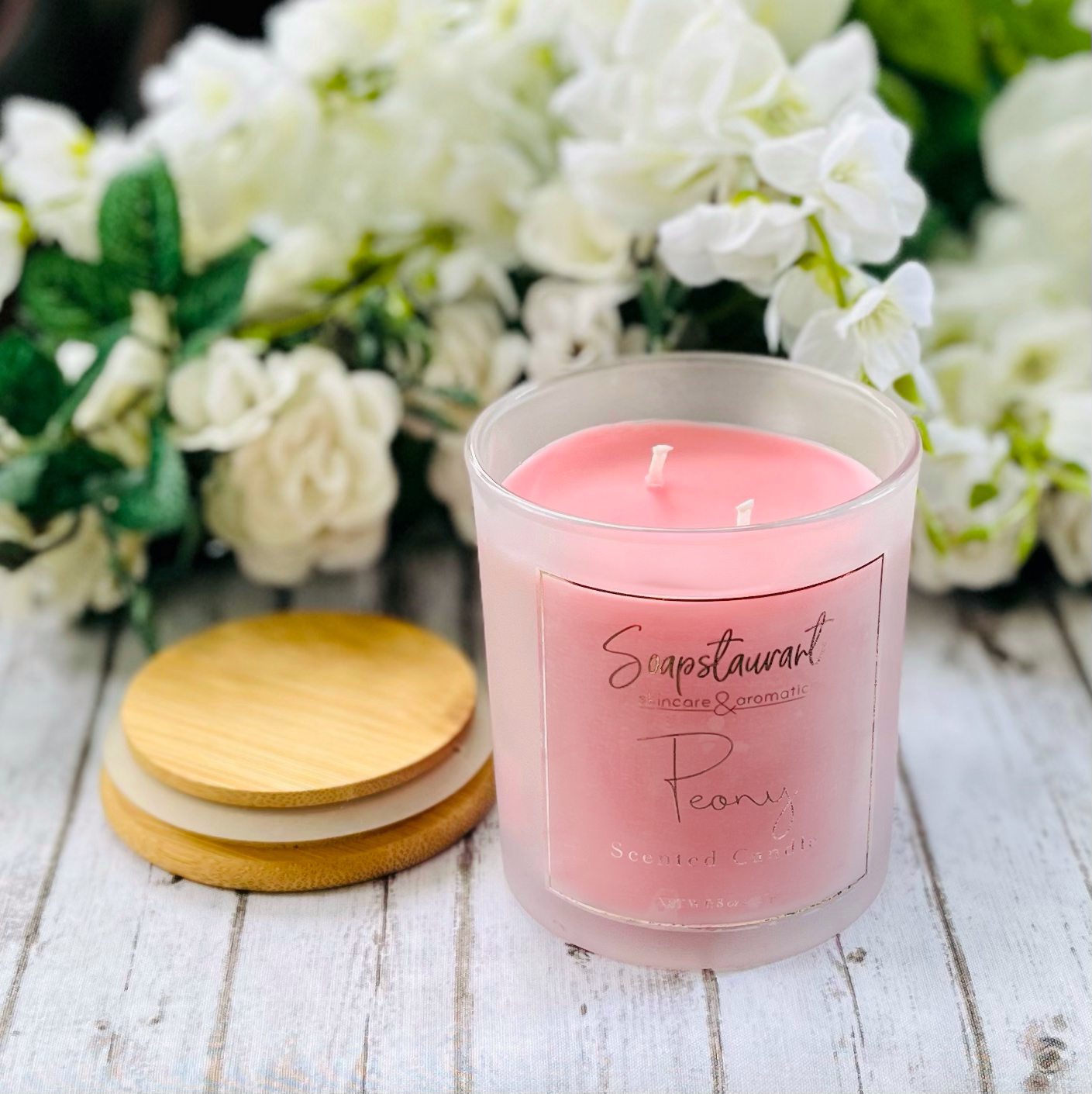 Peony Scented Candle Made with Beeswax & Coconut Oil | Lead Free Double Wicks | 8 oz Clear Frosted Candles with Bamboo Lids