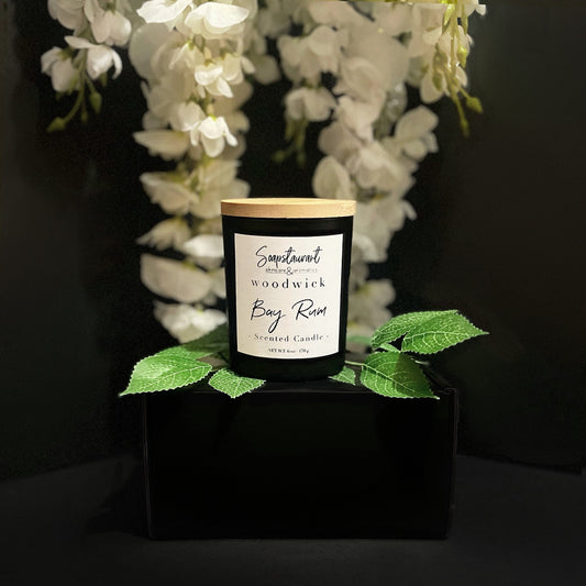 Bay Rum Scented Wood Wick Candle Made with Beeswax & Coconut Oil | Lead Free Double Wicks | 6 oz Black Candle Jars with Bamboo Lids